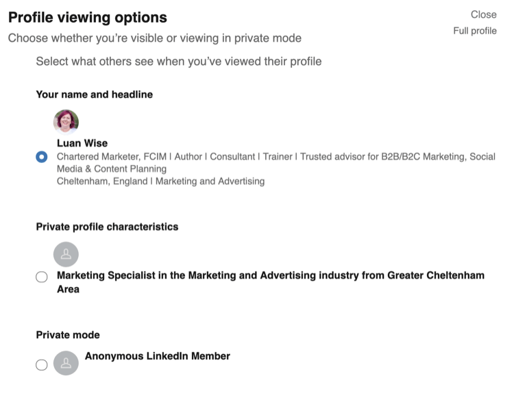 Profile Viewing Options in LinkedIn privacy settings