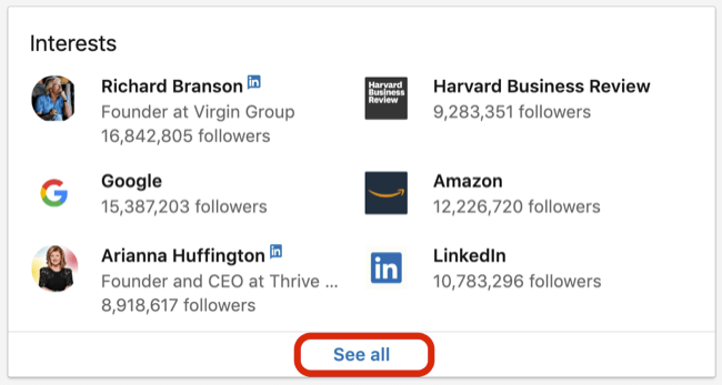 LinkedIn profile Interests box