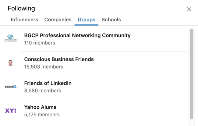 LinkedIn profile expanded Interests box with Group tab selected