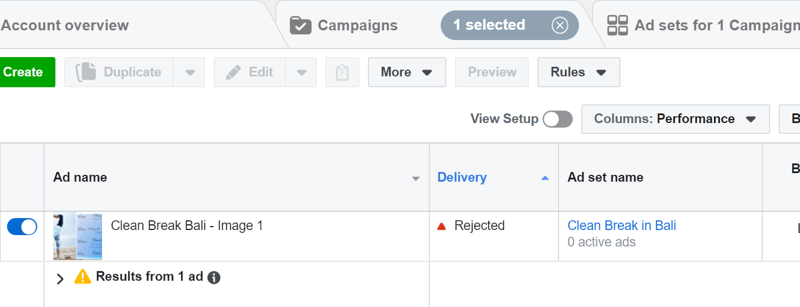 rejected ad notification in Facebook Ads Manager