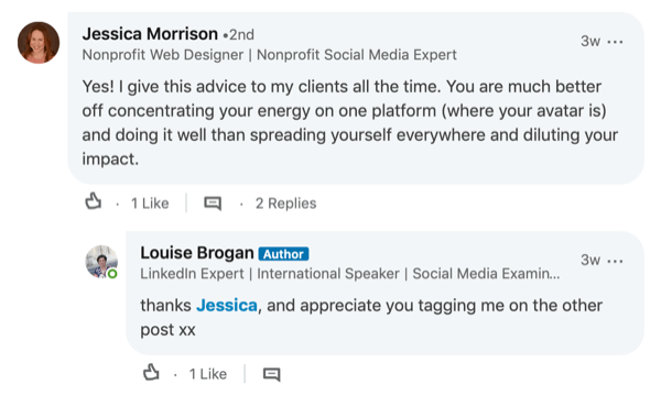 example of response to comment in LinkedIn post