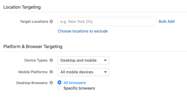 location and platform targeting options for Quora ad campaign