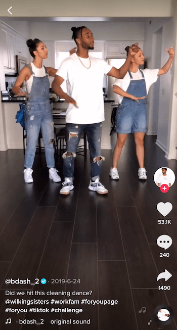 TikTok challenge video with three people dancing