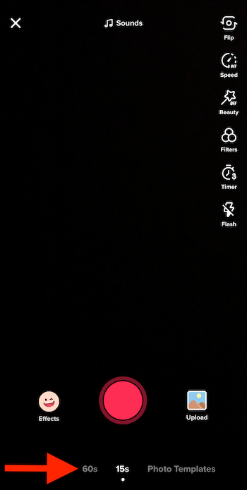 15s and 60s options on TikTok video creation screen
