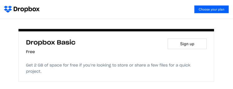 Dropbox basic plan with 2GB storage