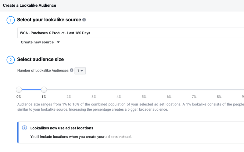 create Facebook lookalike audience based on purchases of a specific product