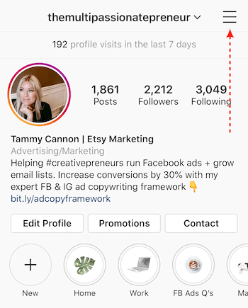 hamburger menu on Instagram business profile