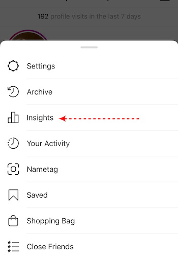 Insights option in Instagram business account settings pop-up menu