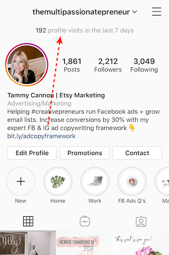 number of profile visits listed at top of Instagram business profile