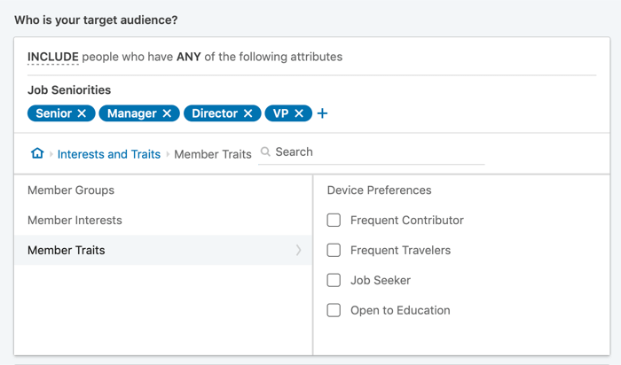 setting up LinkedIn ad targeting for member traits