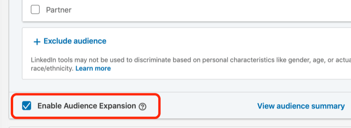 Enable Audience Expansion check box for LinkedIn ad targeting