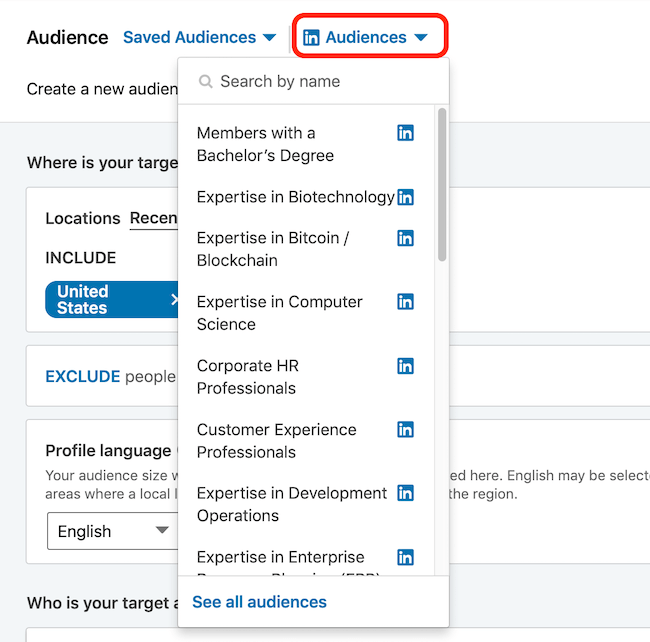 LinkedIn audience templates drop-down menu