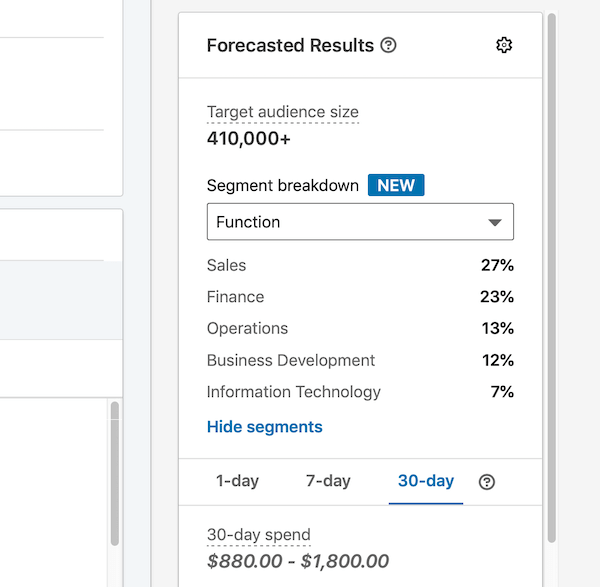 forecasted results for LinkedIn ad campaign based on audience selection