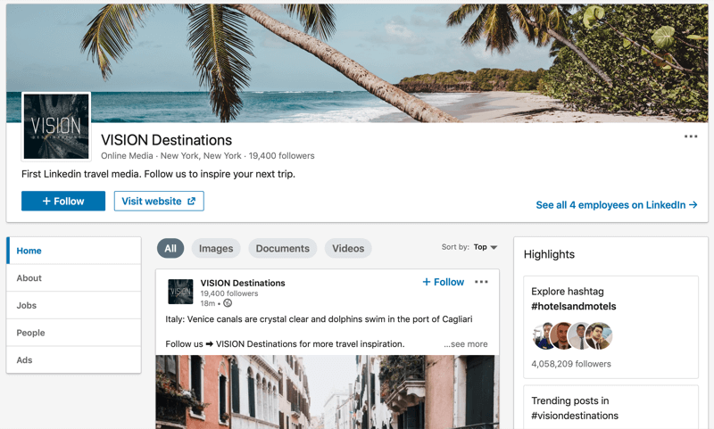 LinkedIn company page for VISION Destinations