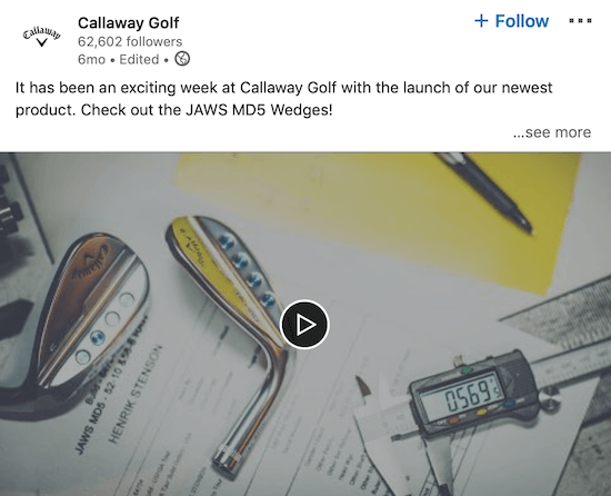 Callaway Golf LinkedIn video announcing new product