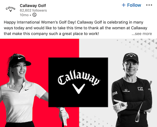 Callaway Golf LinkedIn page post for International Women's Day