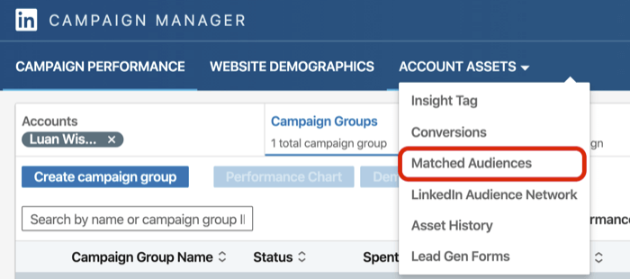 select Matched Audience from Account Assets drop-down menu in LinkedIn Campaign Manager