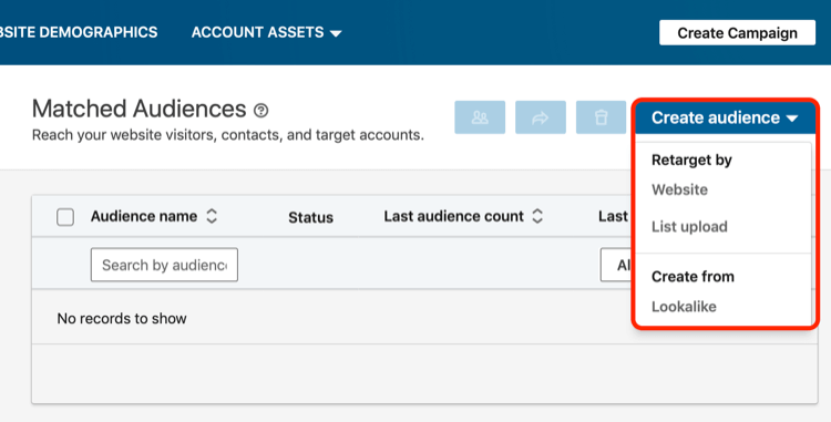 Create Audience drop-down menu for Matched Audiences on LinkedIn