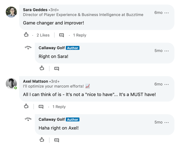 LinkedIn member comments for Callaway Golf post