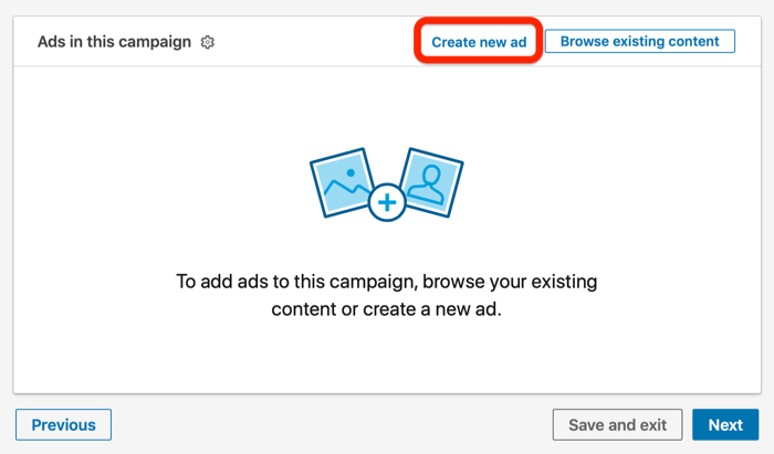 Create New Ad option in LinkedIn campaign setup