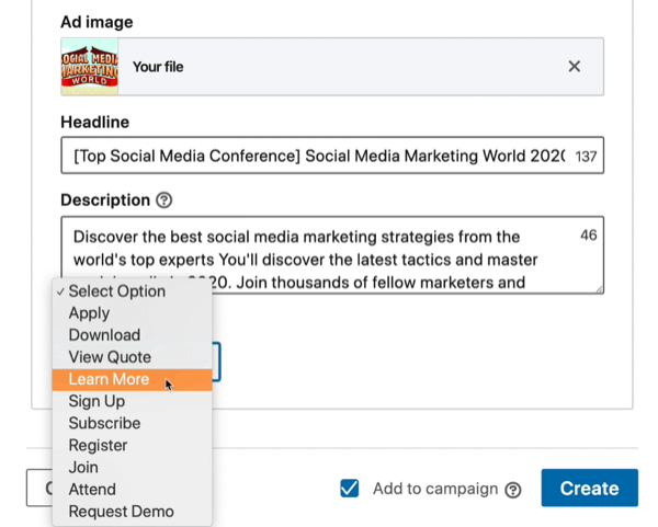 CTA options for LinkedIn campaign