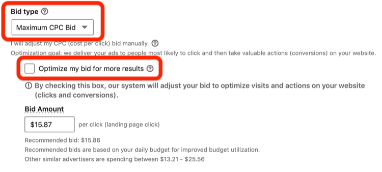 Tipo de oferta en la configuración de la campaña de LinkedIn