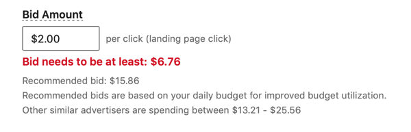 Bid needs to be at least' message during LinkedIn campaign setup