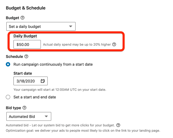 Budget and Schedule section in LinkedIn campaign setup