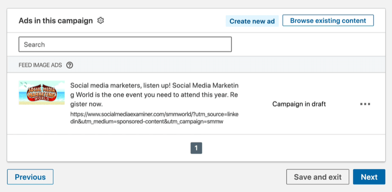 Mensaje 'Campaña en borrador' para la campaña de LinkedIn