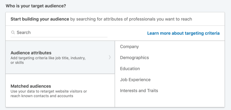 Sección ¿Quién es su público objetivo en LinkedIn Campaign Manager?