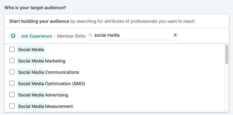 results of search for 'social media' for LinkedIn member skills targeting