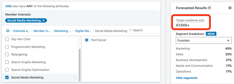 Tamaño de audiencia objetivo de LinkedIn de 47.000