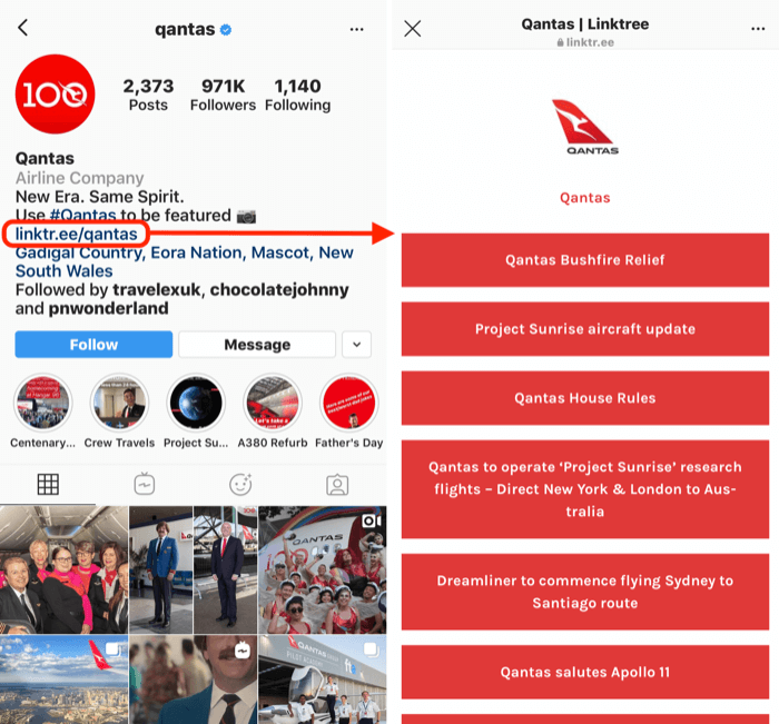 LinkTree page for Quantas Instagram account