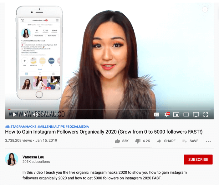 Vanessa Lau YouTube video about Instagram organic hacks