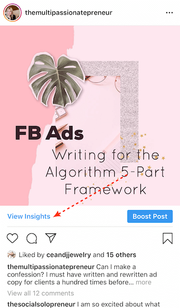 View Insights button on Instagram business post