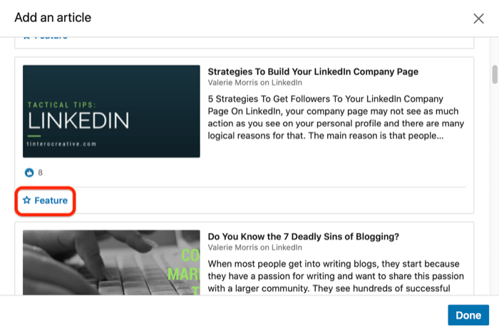 add article to LinkedIn Featured section