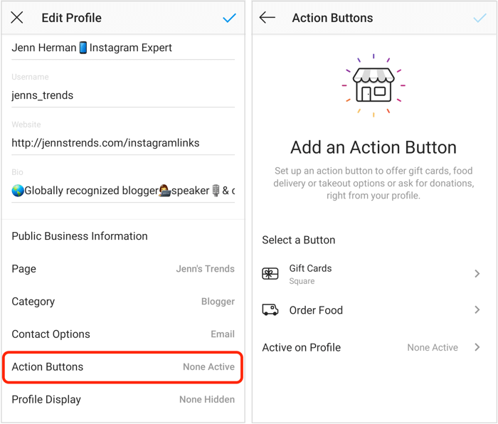 add Order Food or Gift Cards action button to Instagram profile