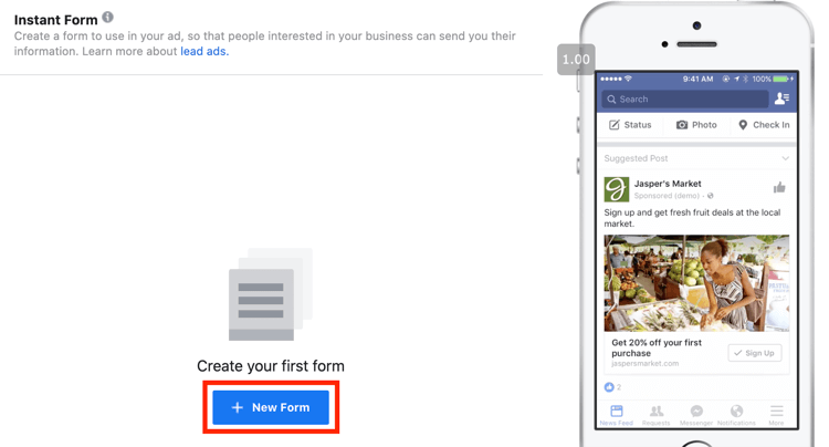 option to create form for Facebook Lead Generation campaign