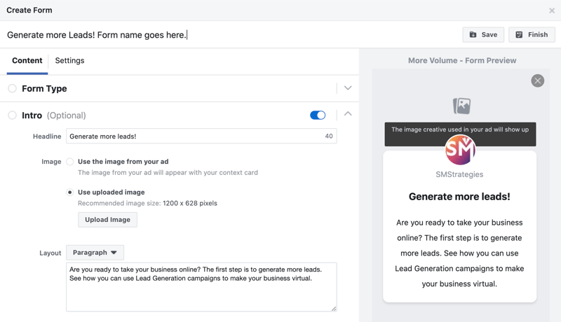 Create Form dialog box with options for setting up lead generation form