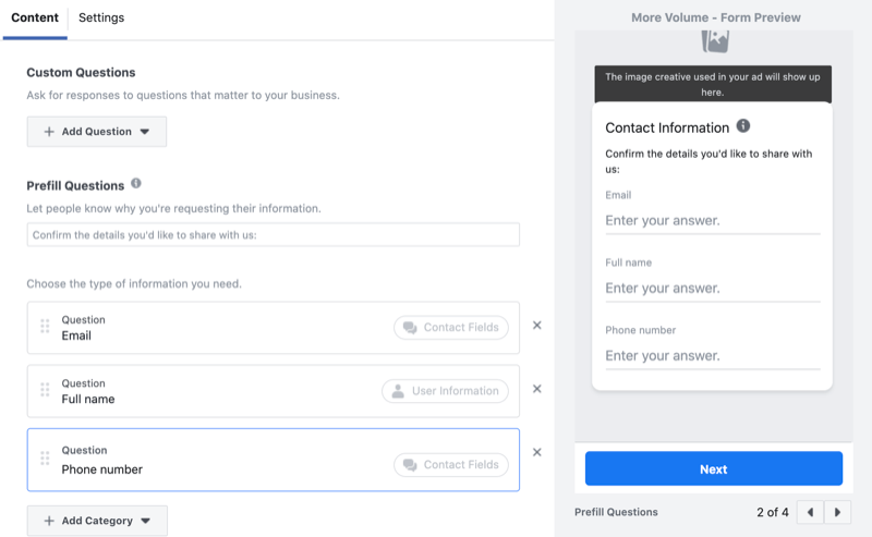 add custom questions to Facebook lead generation form