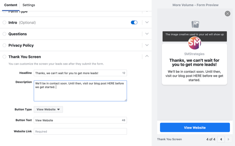 set up thank you screen for Facebook lead generation form