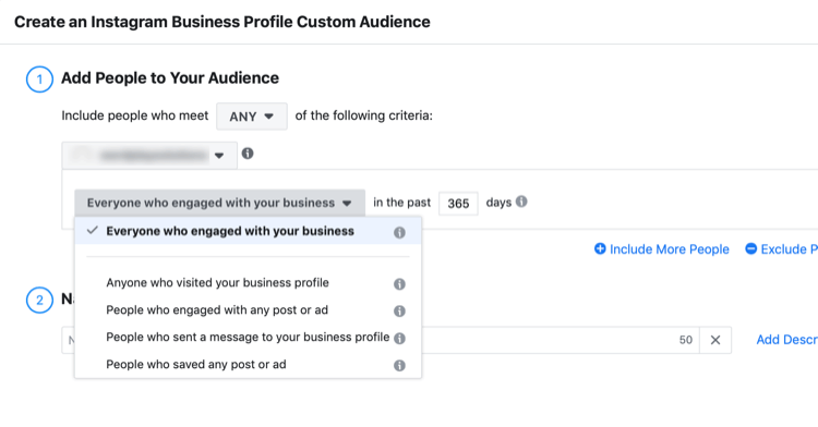 Create an Instagram Business Profile Custom Audience dialog box