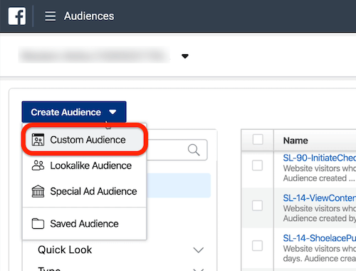 Create Audience drop-down menu in Audiences section of Ads Manager