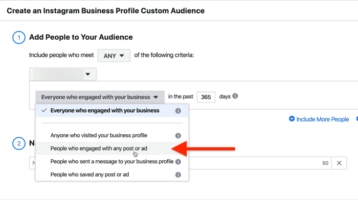 Create an Instagram Business Profile Custom Audience dialog box