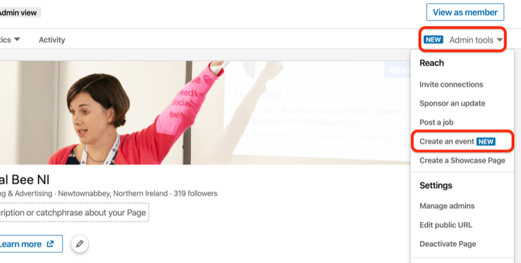LinkedIn Admin Tools drop-down menu with Create an Event option
