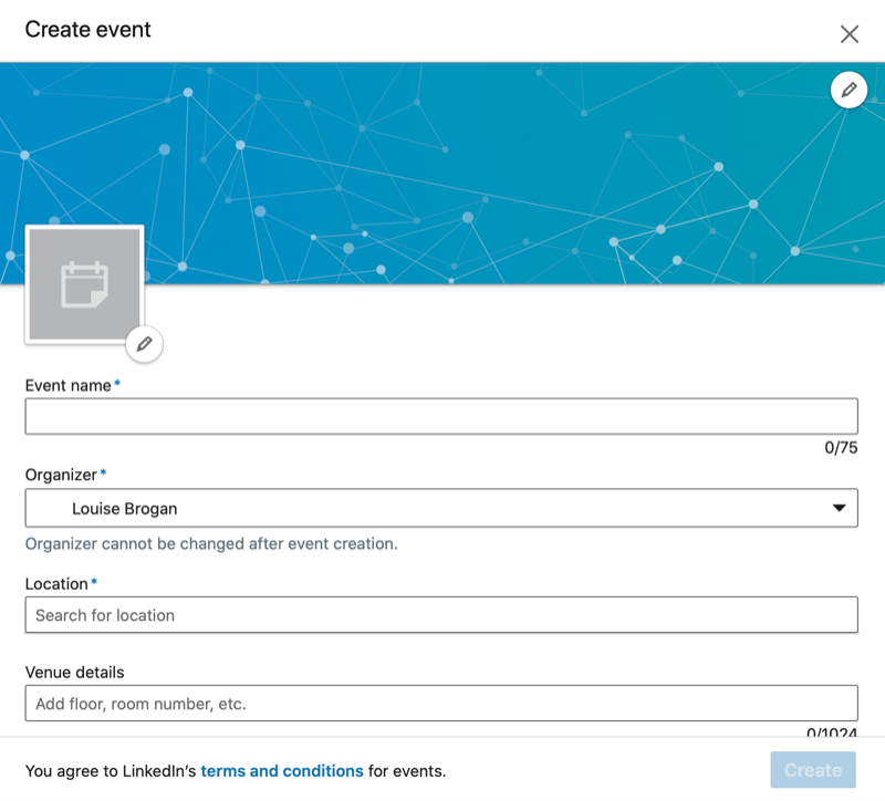 So sieht das Dialogfeld aus, wenn Sie eine LinkeIn Veranstaltung erstellen.