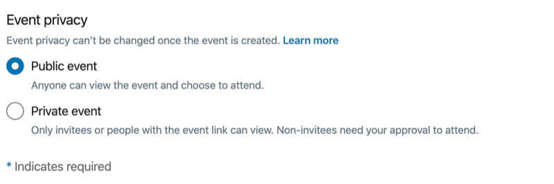 Event Privacy options for LinkedIn event