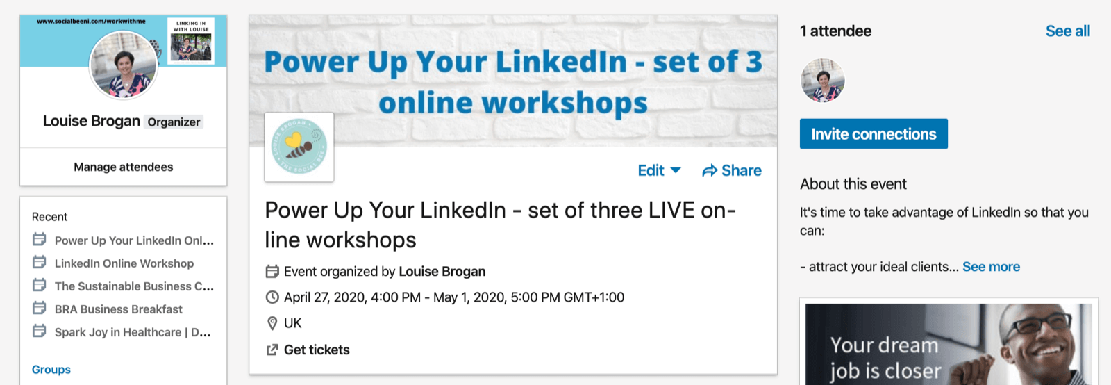 example of LinkedIn event page after clicking Create button