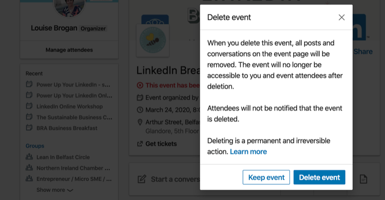 Unter "Delete event" können Sie die Veranstaltung löschen.