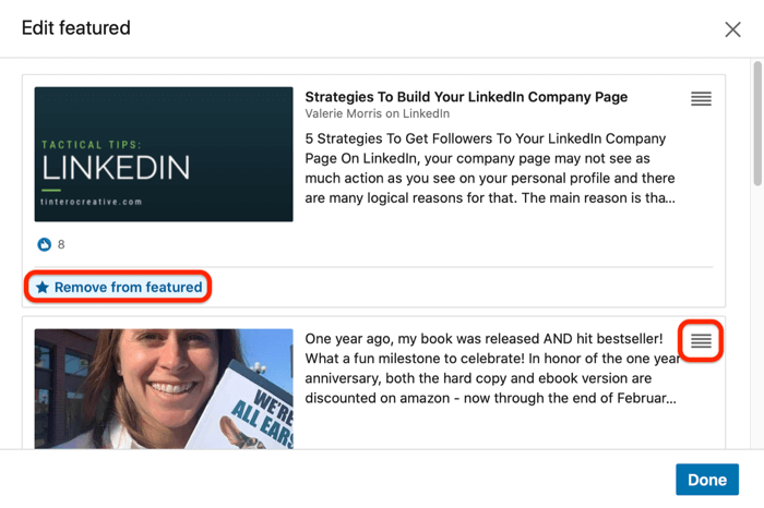 option to remove content from or rearrange content in LinkedIn Featured section